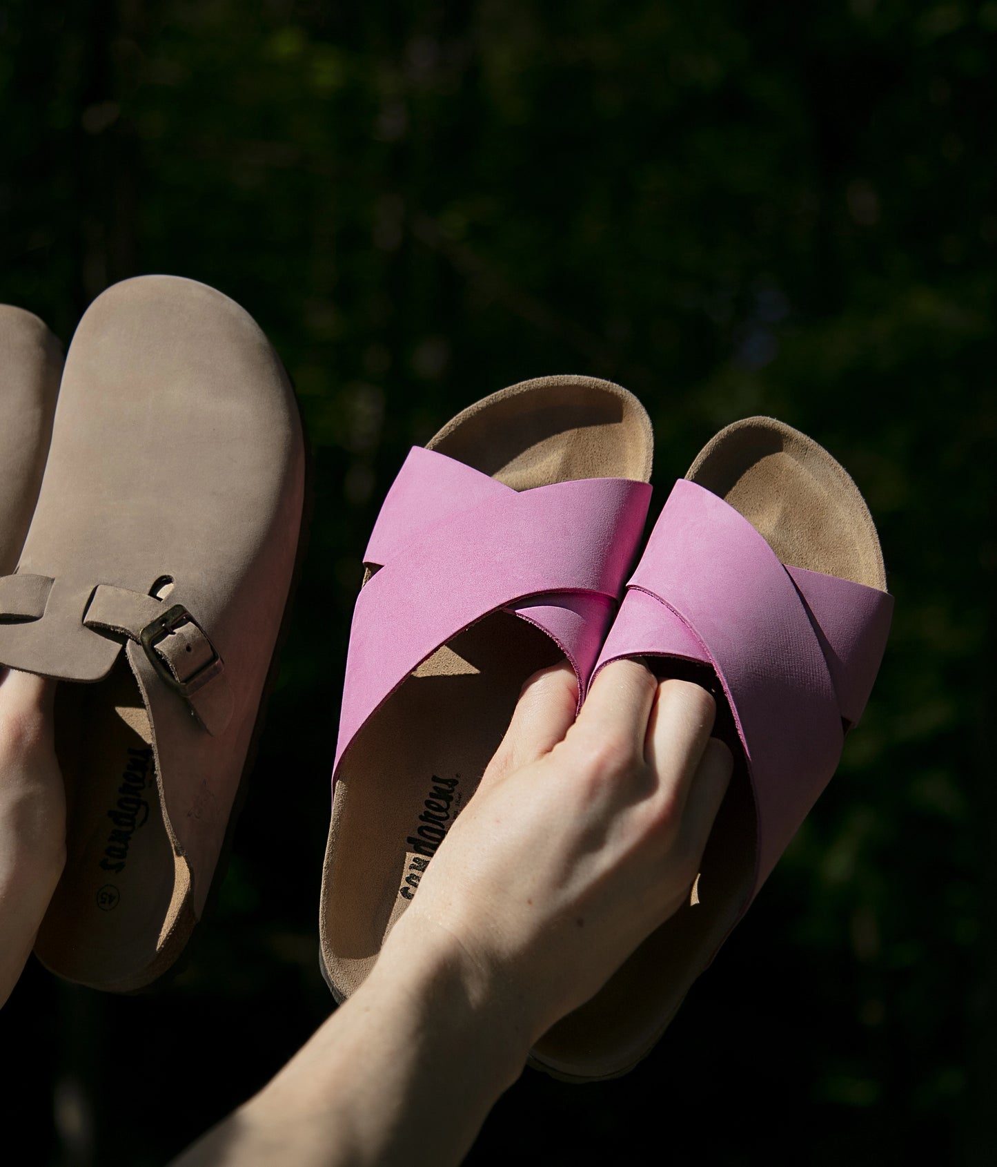 criss cross cork sandal in magenta pink oiled full-grain nubuck leather with a brown EVA outersole and suede footbed