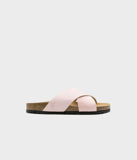criss cross cork sandal in pale pink oiled full-grain nubuck leather with a brown EVA outersole and suede footbed