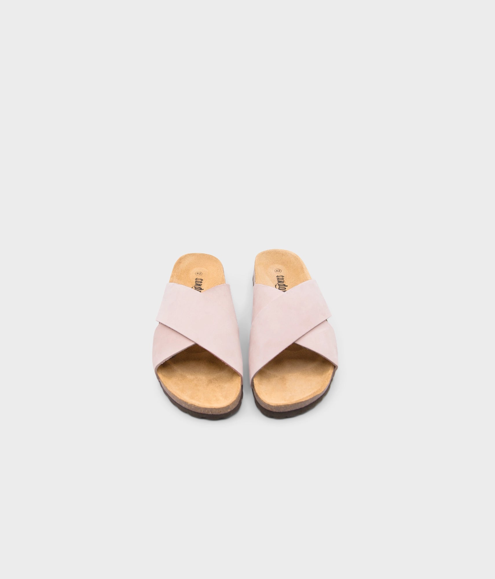 criss cross cork sandal in pale pink oiled full-grain nubuck leather with a brown EVA outersole and suede footbed
