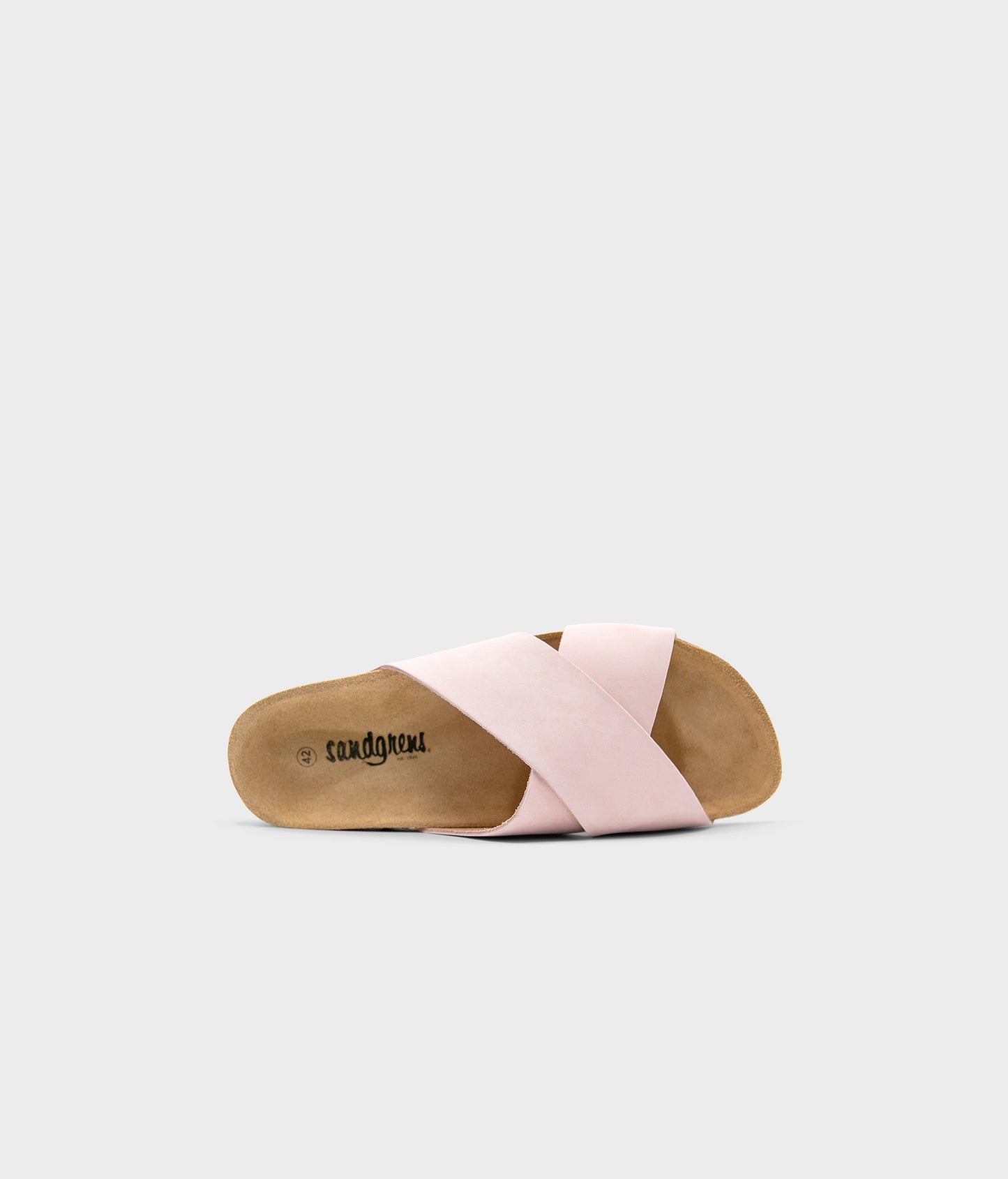 criss cross cork sandal in pale pink oiled full-grain nubuck leather with a brown EVA outersole and suede footbed