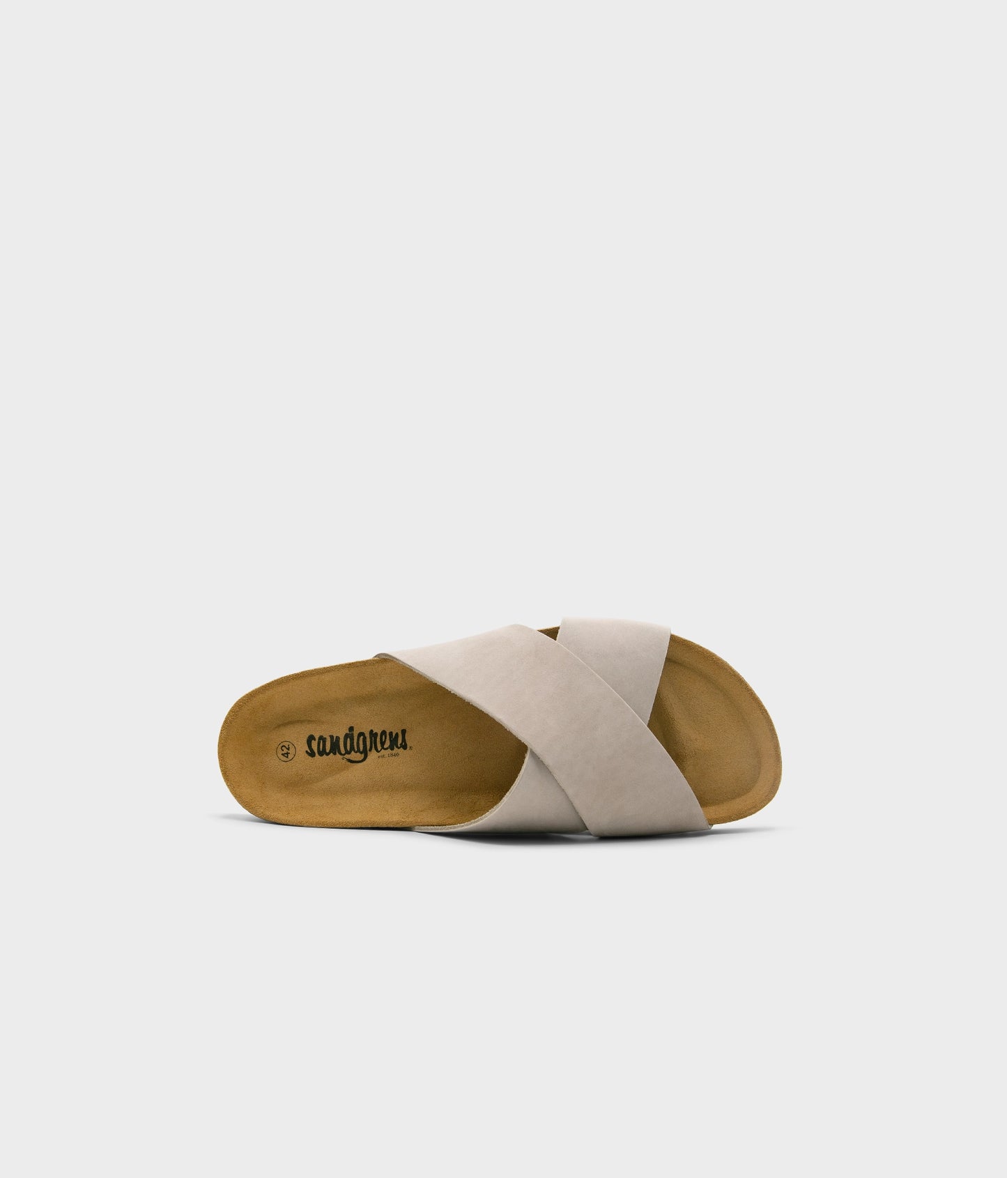 criss cross cork sandal in sandstone beige oiled full-grain nubuck leather with a brown EVA outersole and suede footbed