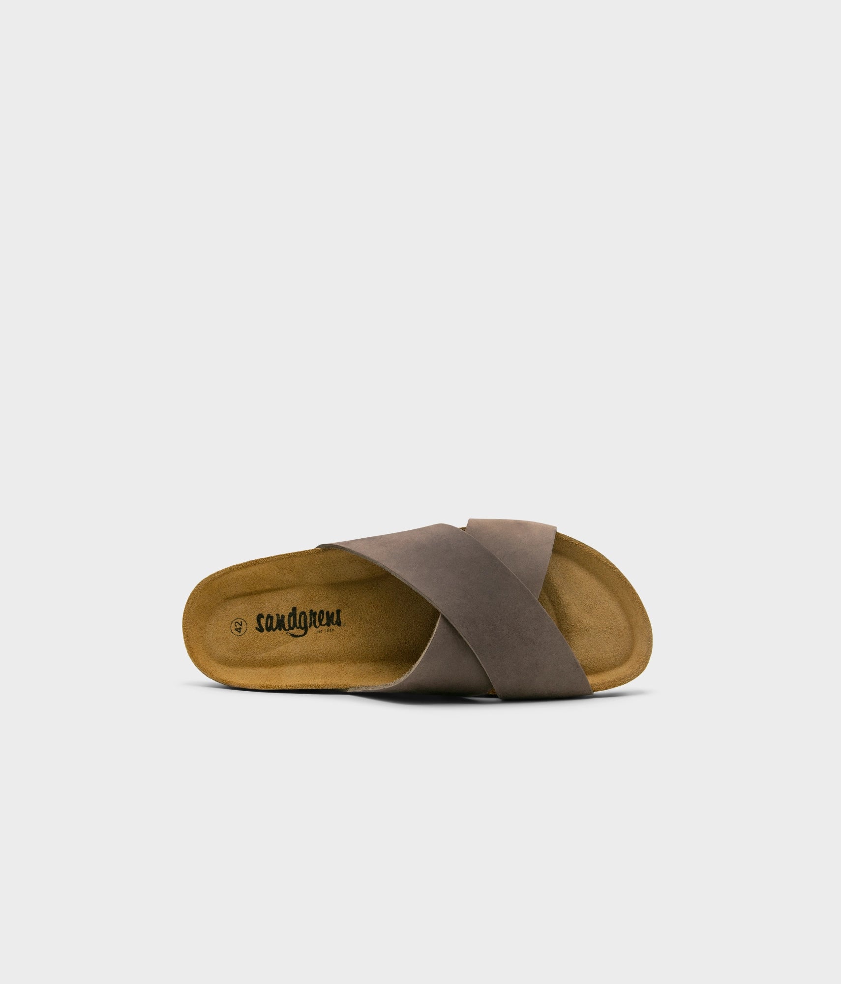 criss cross cork sandal in walnut brown oiled full-grain nubuck leather with a brown EVA outersole and suede footbed