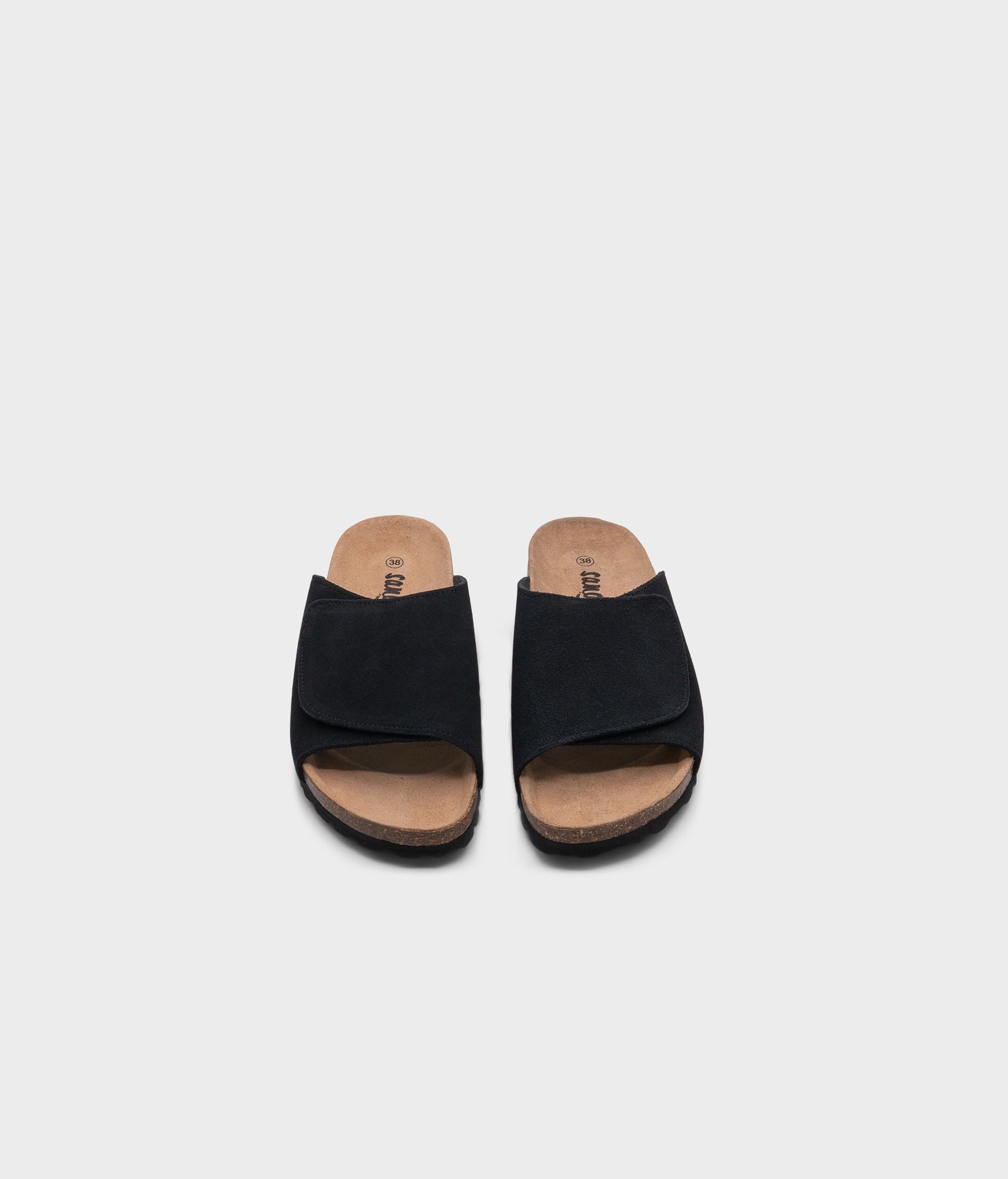 Vigo velcro cork sandals in Sandstone black ember, suede footbed and black EVA outersole