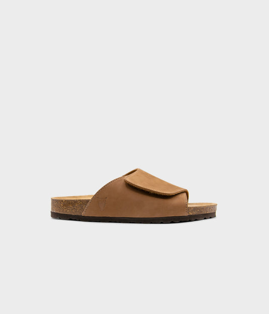 Vigo velcro cork sandals in Hazel brown nubuck leather, suede footbed and black EVA outersole
