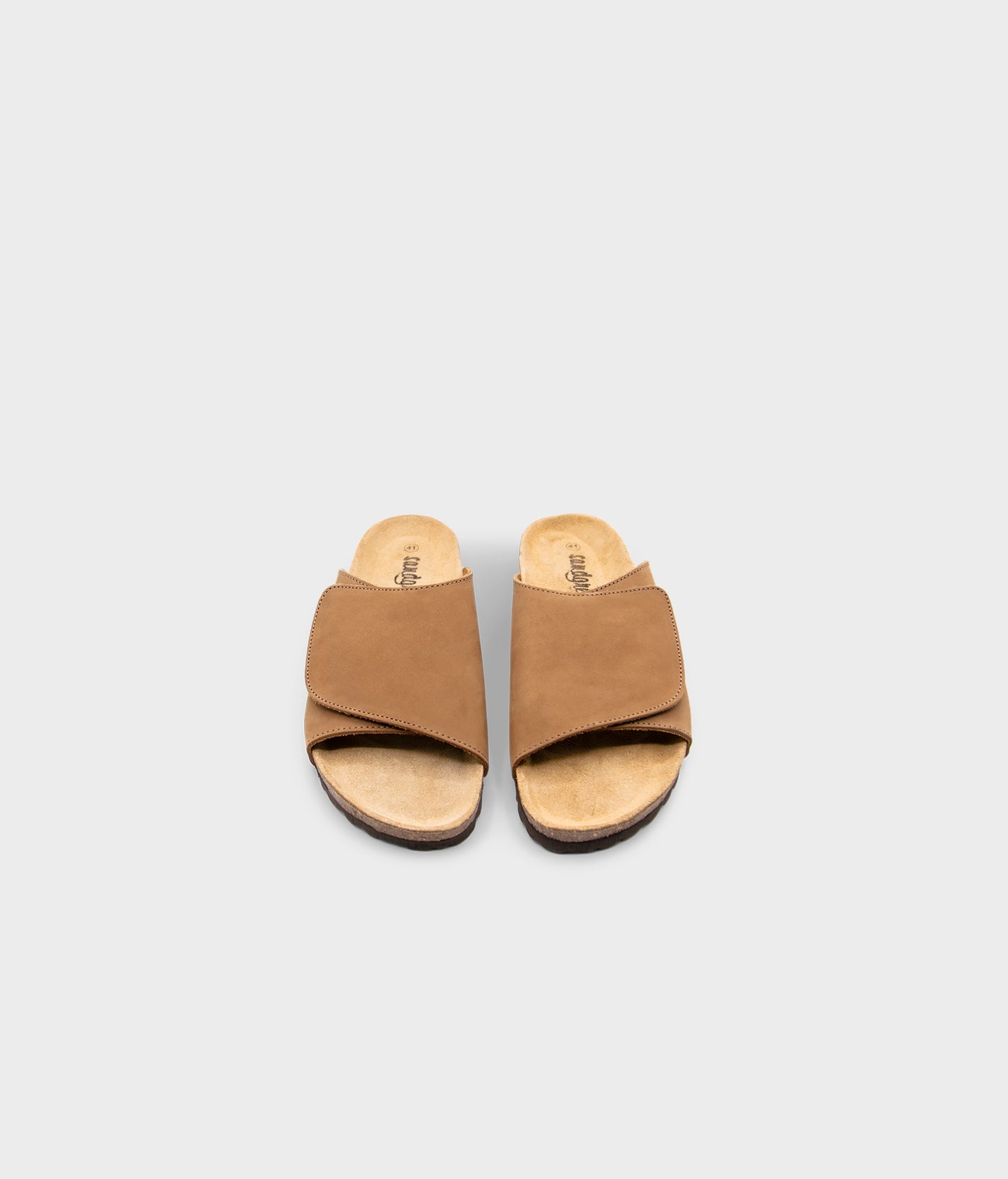 Vigo velcro cork sandals in Hazel brown nubuck leather, suede footbed and black EVA outersole