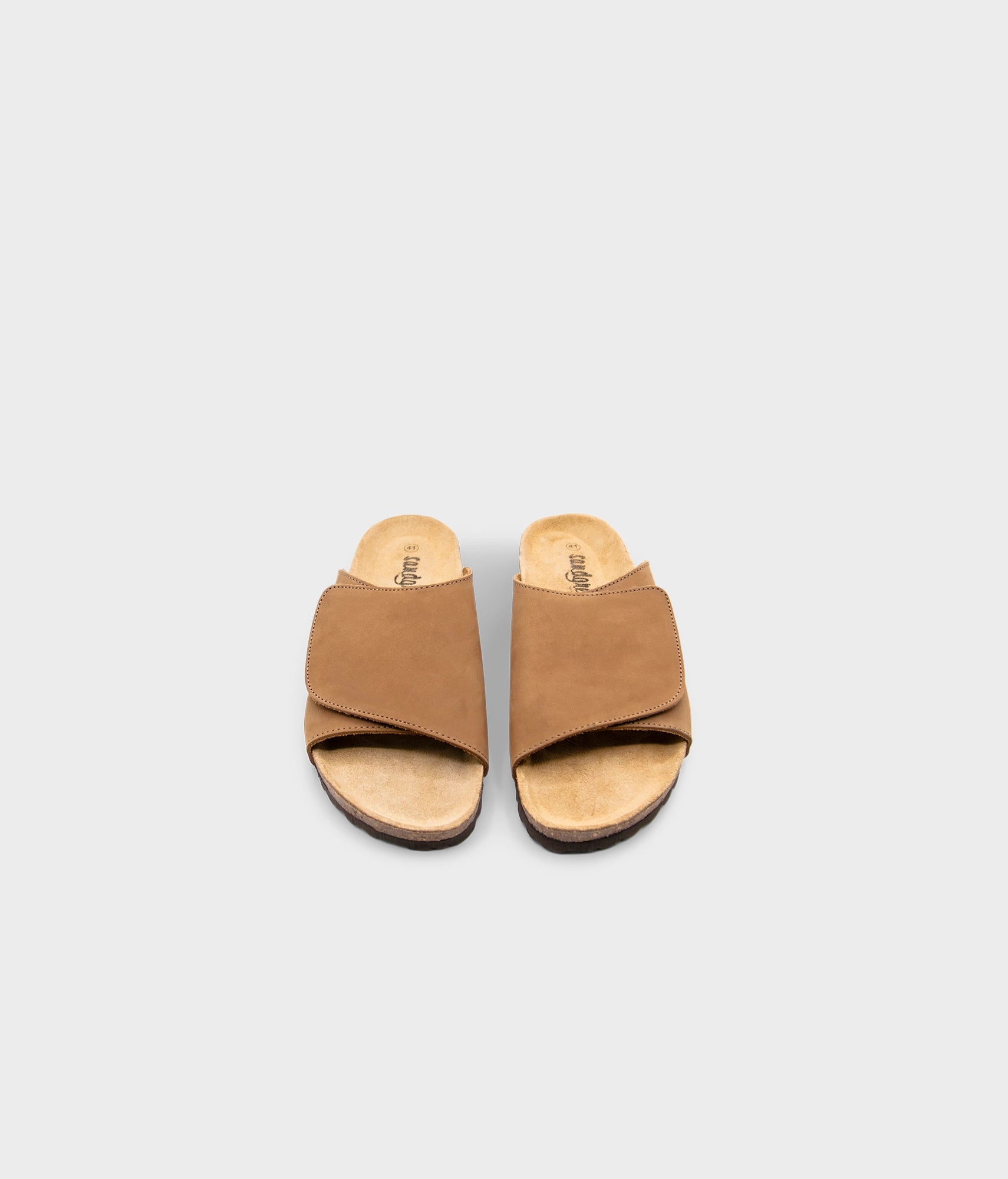 Vigo velcro cork sandals in Hazel brown nubuck leather, suede footbed and black EVA outersole