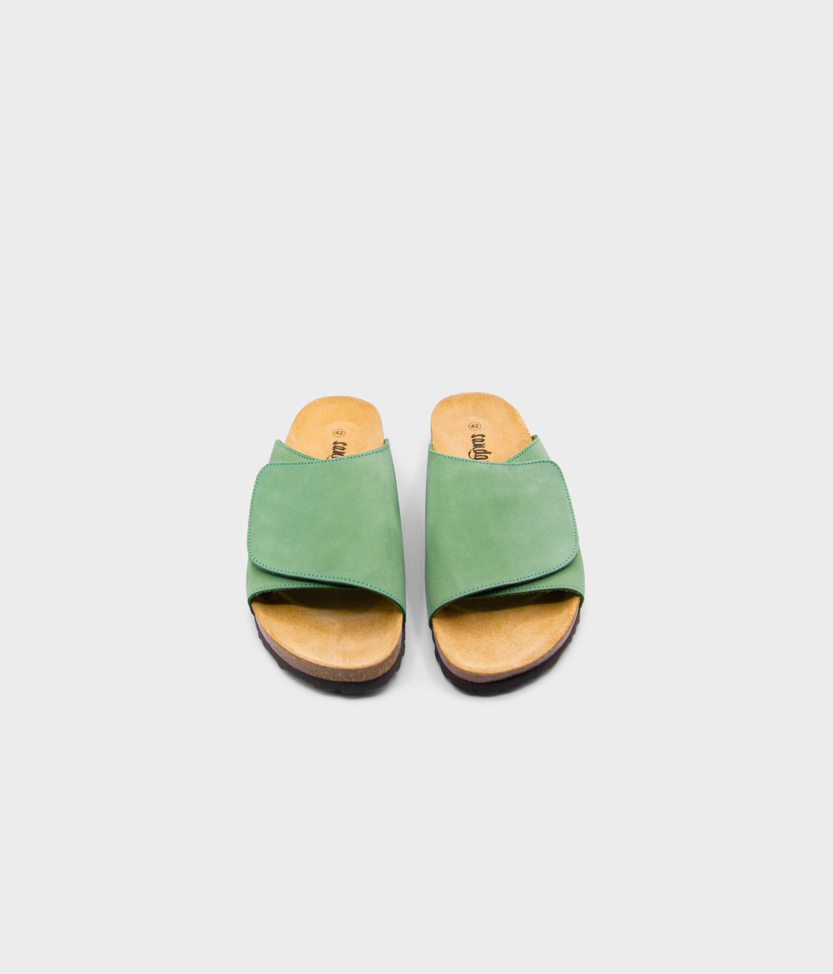 Vigo velcro cork sandals in Jade Green nubuck leather, suede footbed and brown EVA outersole