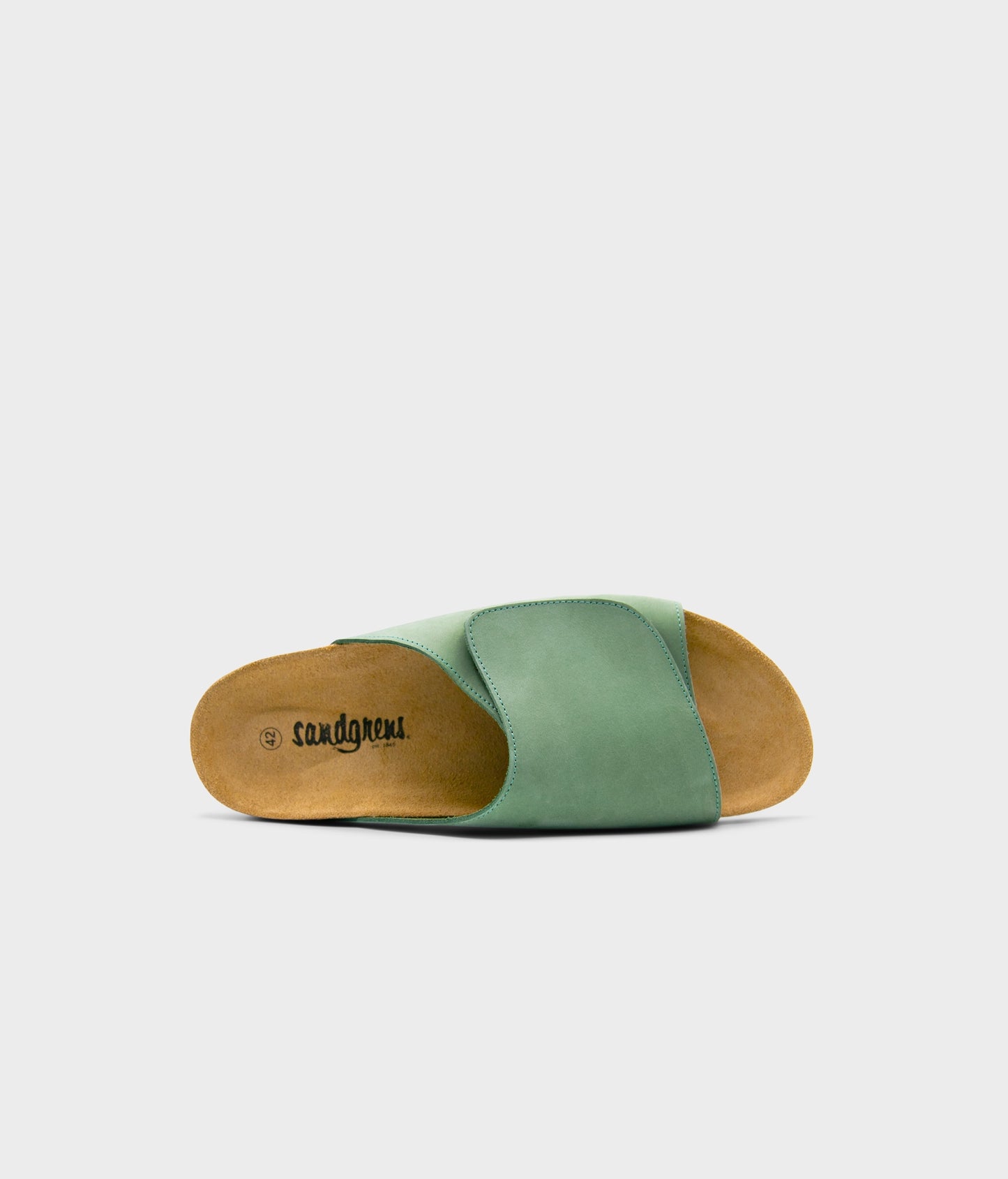 Vigo velcro cork sandals in Jade Green nubuck leather, suede footbed and brown EVA outersole