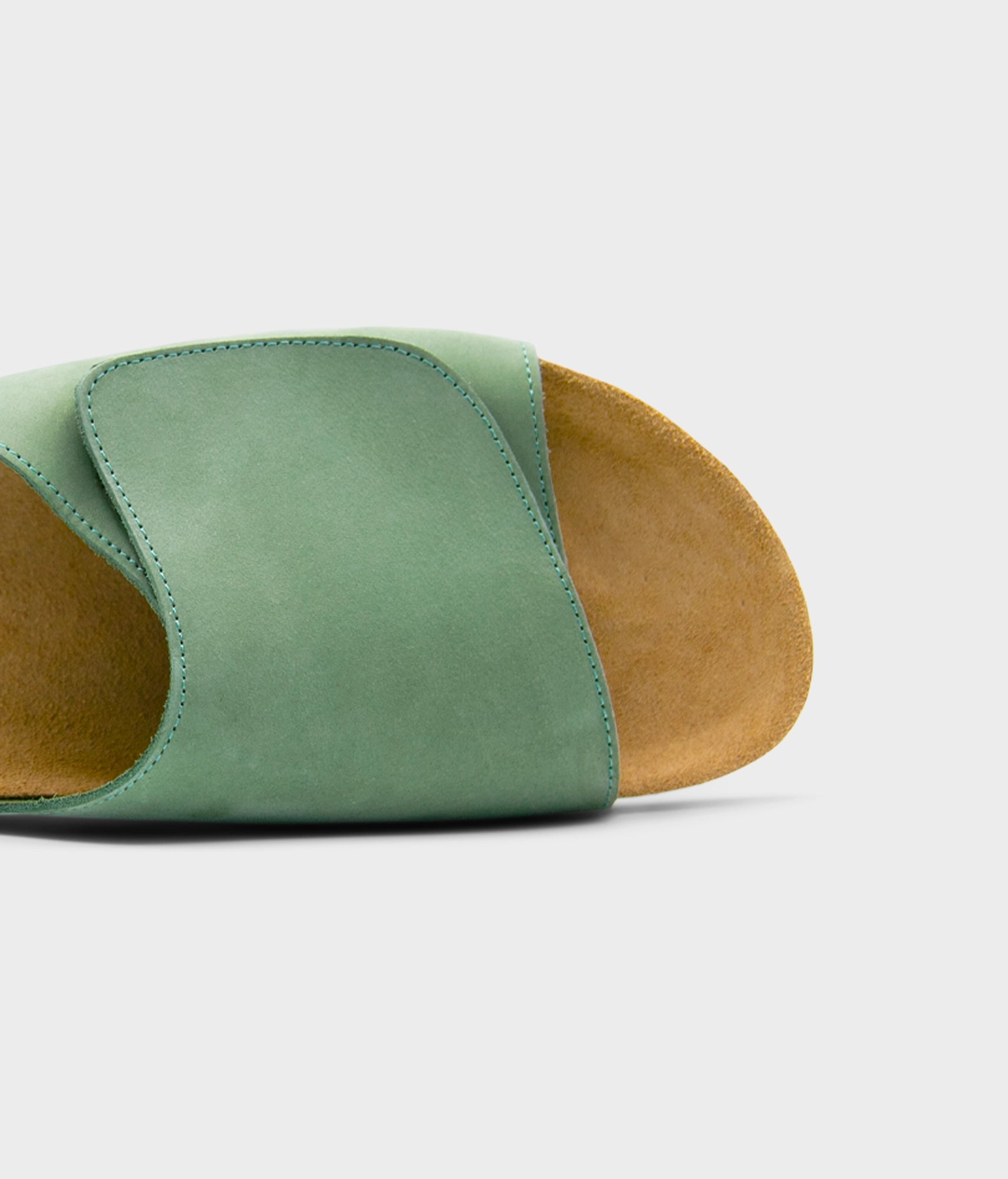 Vigo velcro cork sandals in Jade Green nubuck leather, suede footbed and brown EVA outersole