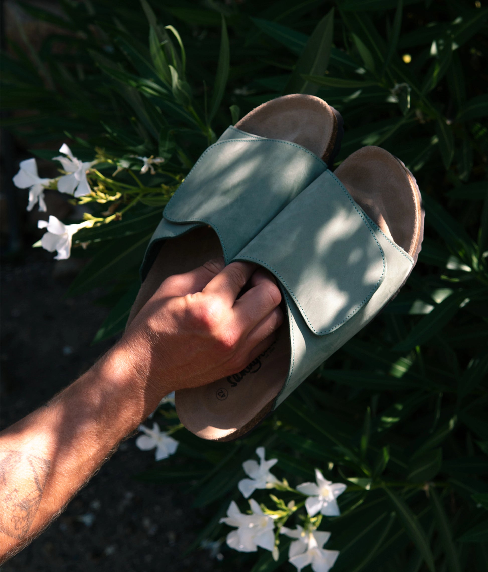 Vigo velcro cork sandals in Jade Green nubuck leather, suede footbed and brown EVA outersole