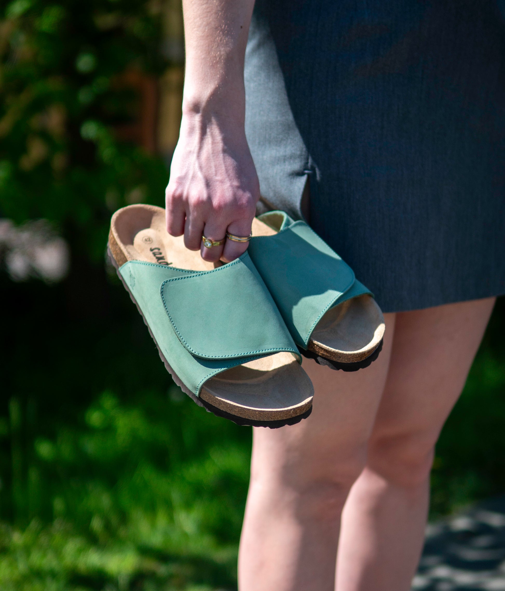Vigo velcro cork sandals in Jade Green nubuck leather, suede footbed and brown EVA outersole