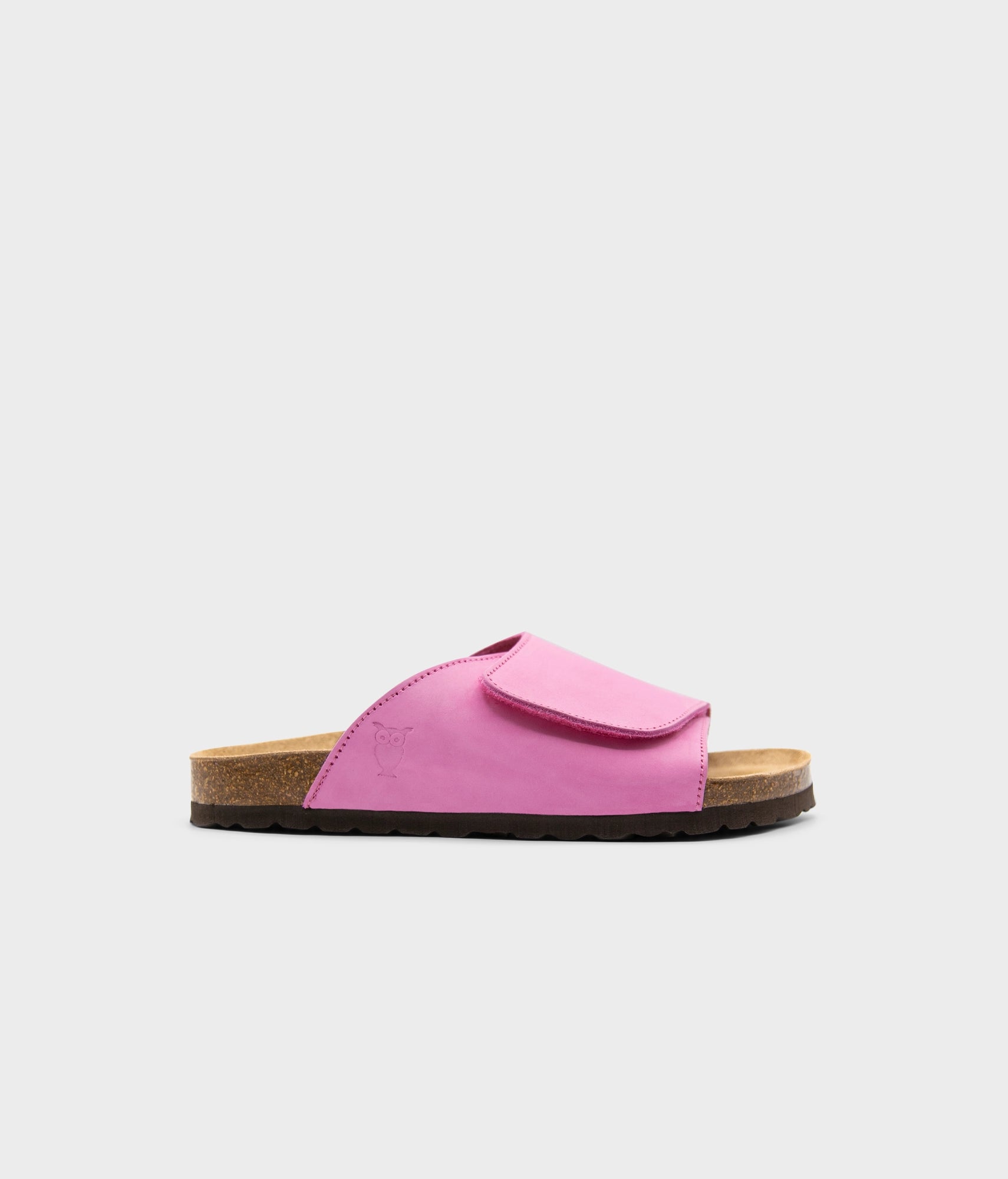 Vigo velcro cork sandals in Magenta pink nubuck leather, suede footbed and brown EVA outersole
