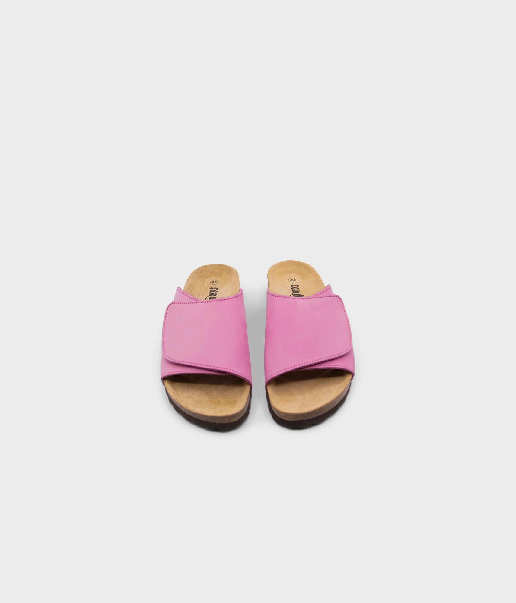 Vigo velcro cork sandals in Magenta pink nubuck leather, suede footbed and brown EVA outersole