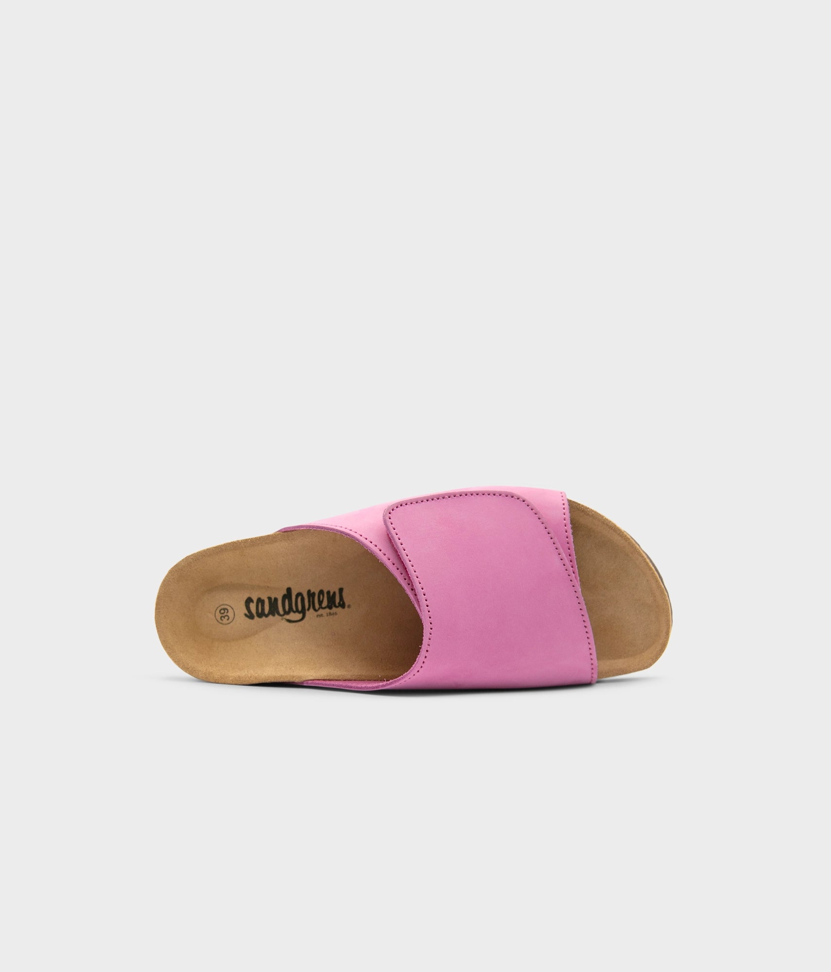 Vigo velcro cork sandals in Magenta pink nubuck leather, suede footbed and brown EVA outersole
