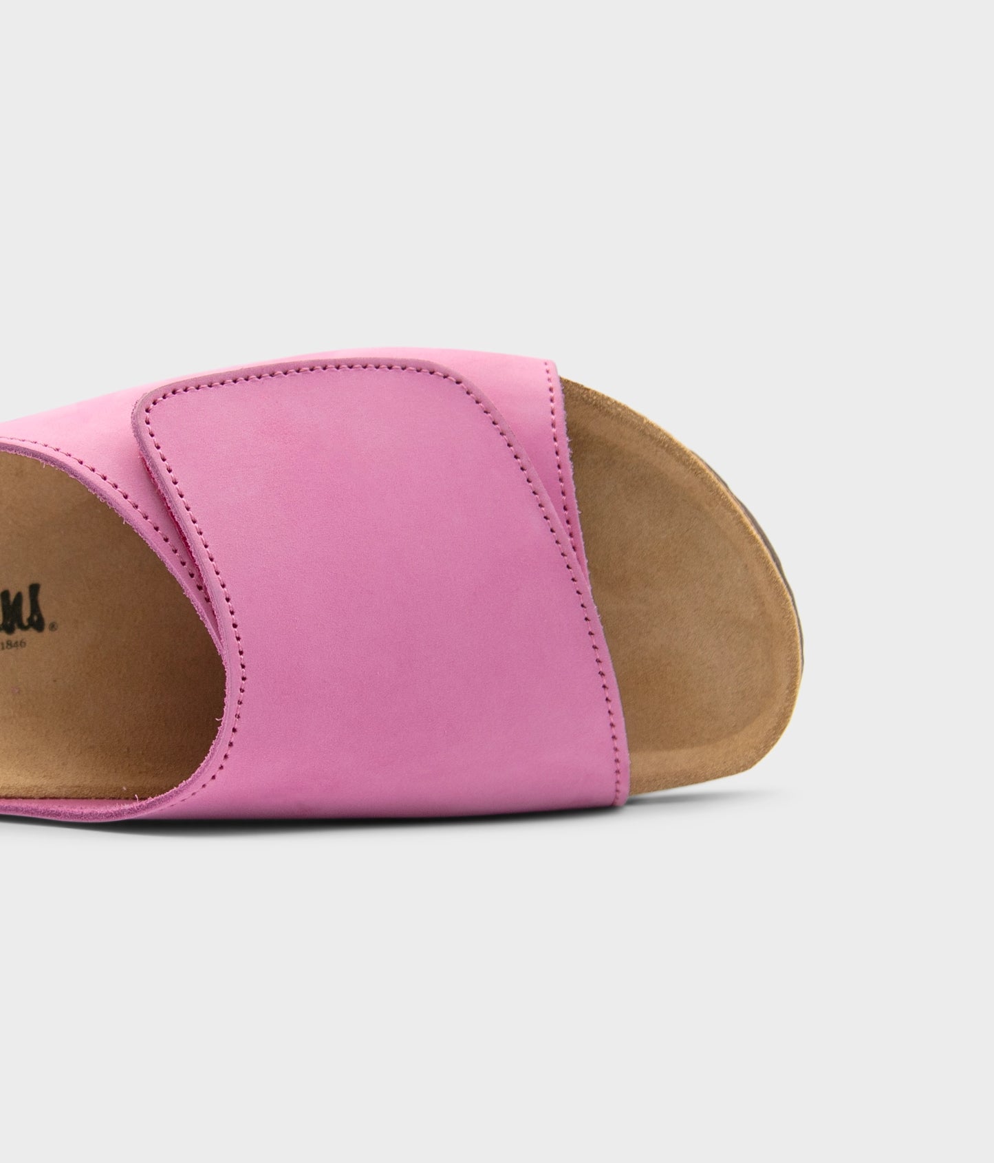 Vigo velcro cork sandals in Magenta pink nubuck leather, suede footbed and brown EVA outersole
