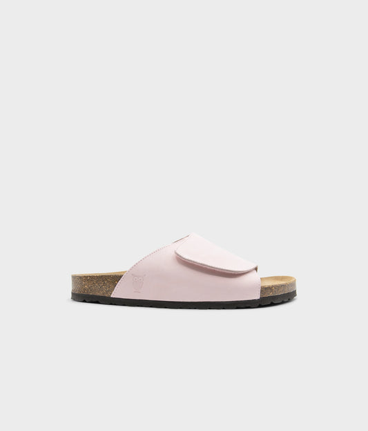 Vigo velcro cork sandals in pale pink nubuck leather, suede footbed and brown EVA outersole