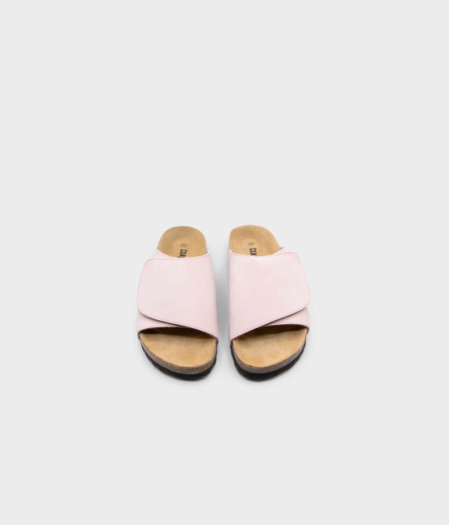 Vigo velcro cork sandals in pale pink nubuck leather, suede footbed and brown EVA outersole