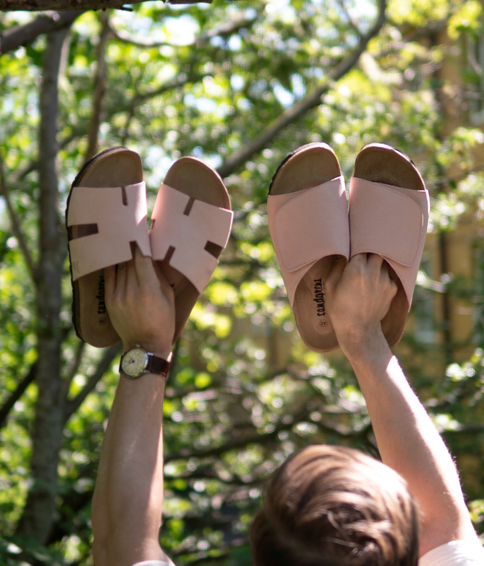 Vigo velcro cork sandals in pale pink nubuck leather, suede footbed and brown EVA outersole