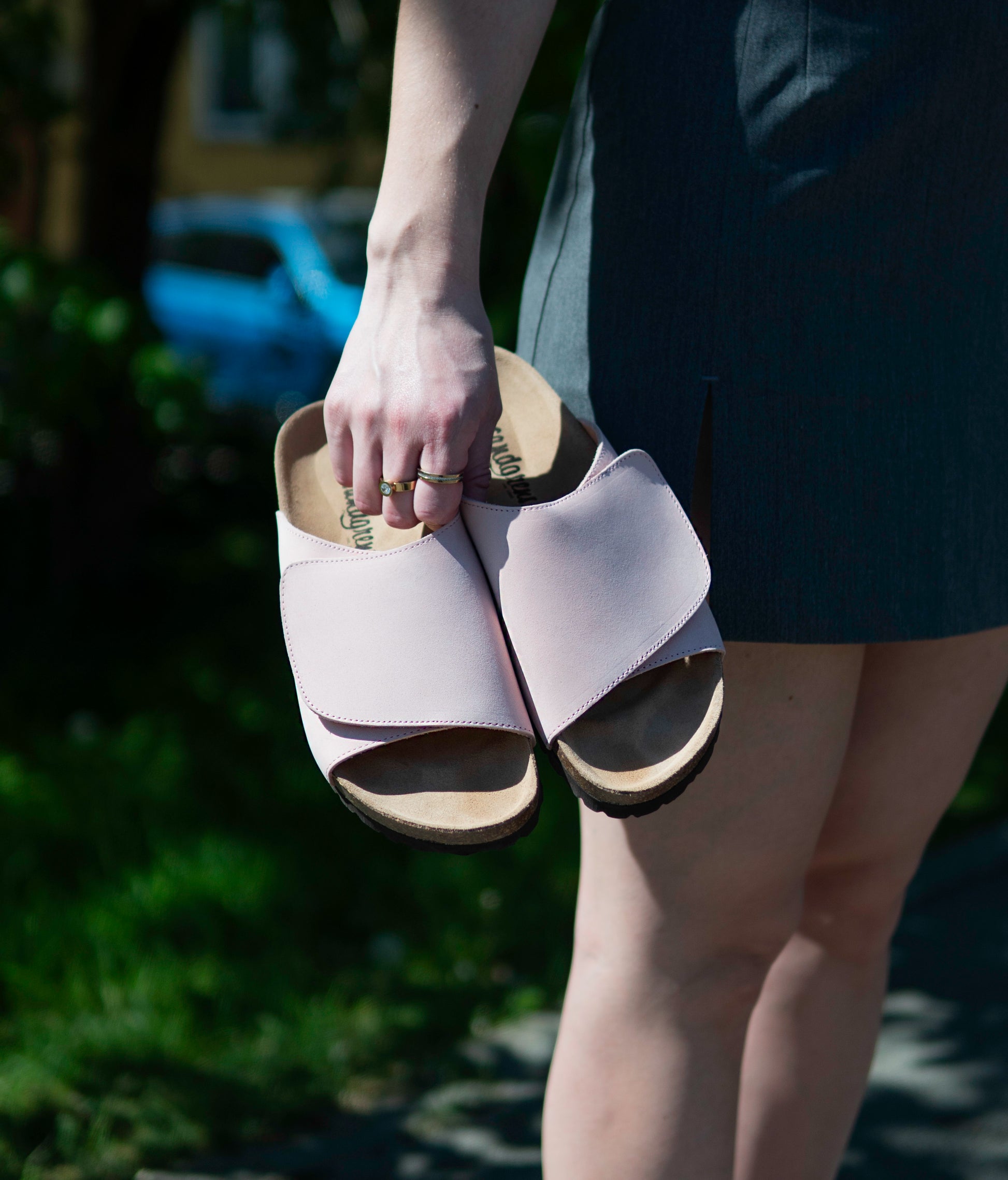 Vigo velcro cork sandals in pale pink nubuck leather, suede footbed and brown EVA outersole