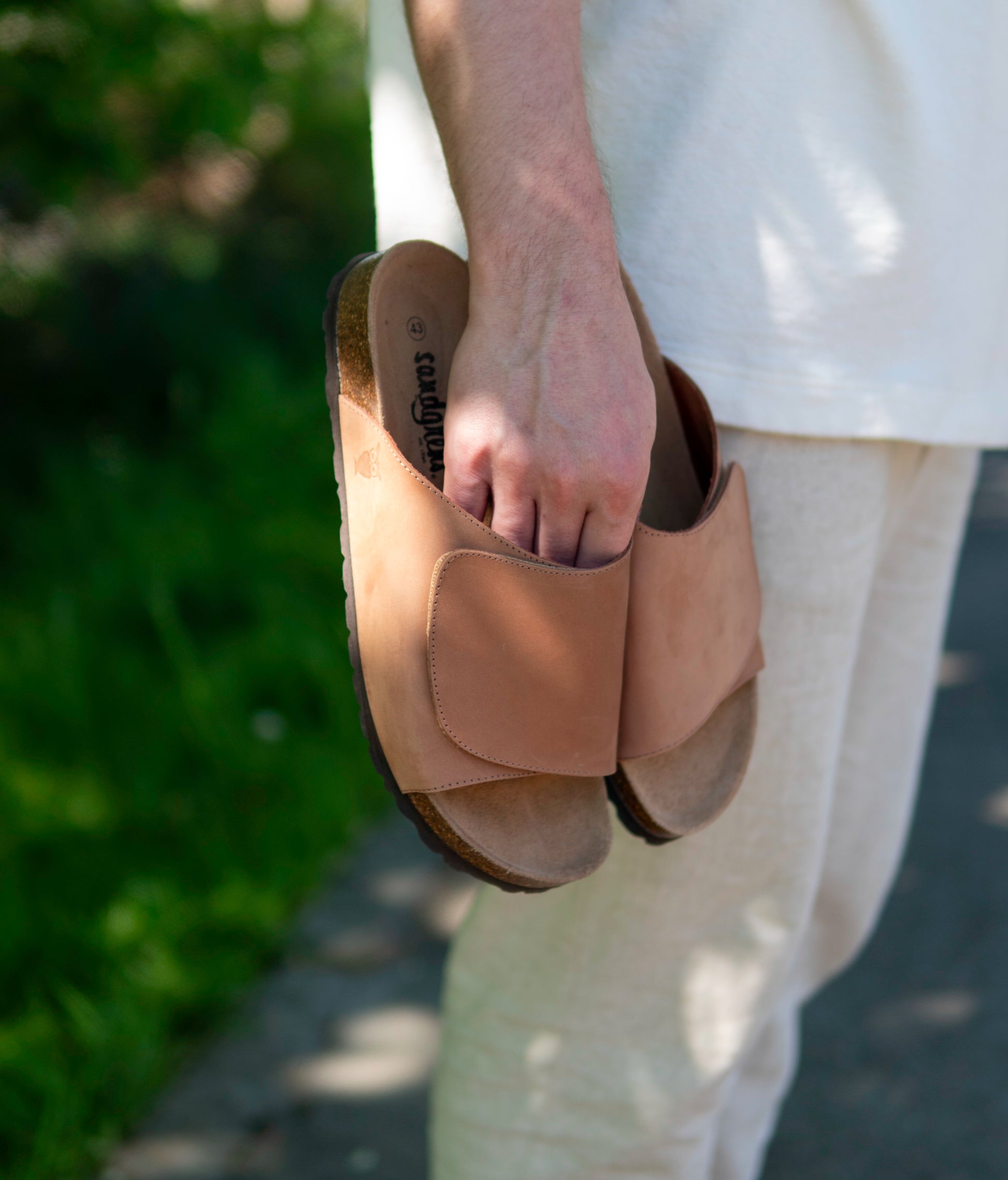 Vigo velcro cork sandals in light terracotta nubuck leather, suede footbed and brown EVA outersole