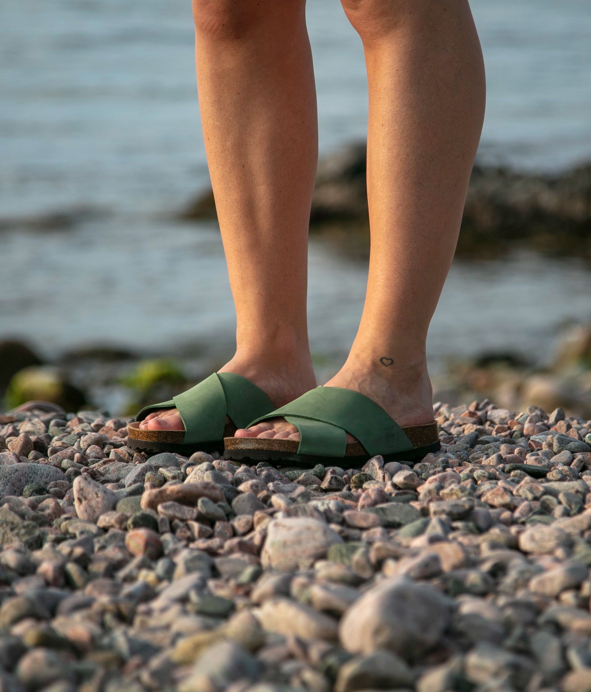 criss cross cork sandal in Jade Green oiled full-grain nubuck leather with a brown EVA outersole and suede footbed