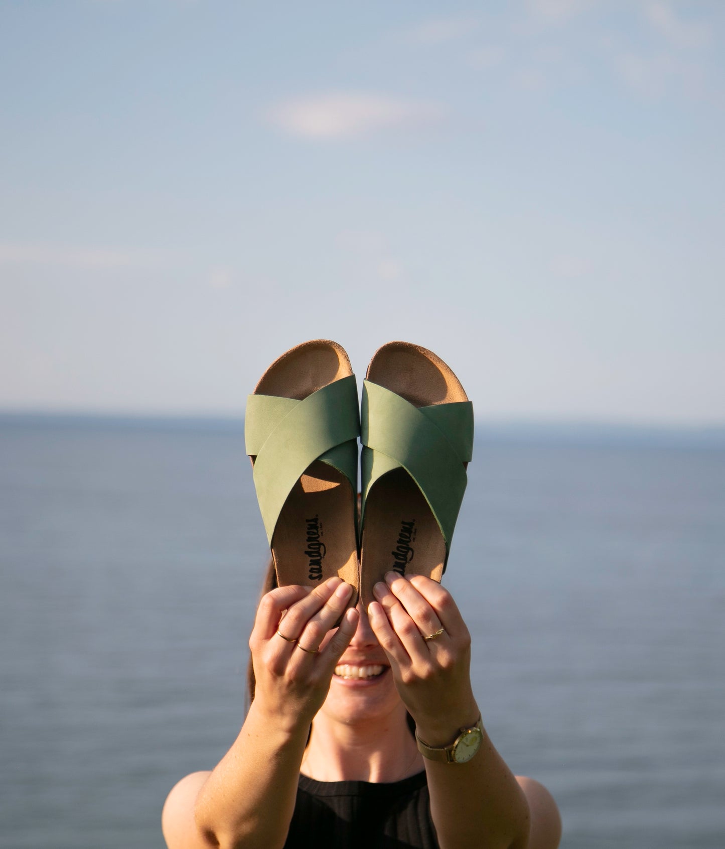 criss cross cork sandal in Jade Green oiled full-grain nubuck leather with a brown EVA outersole and suede footbed