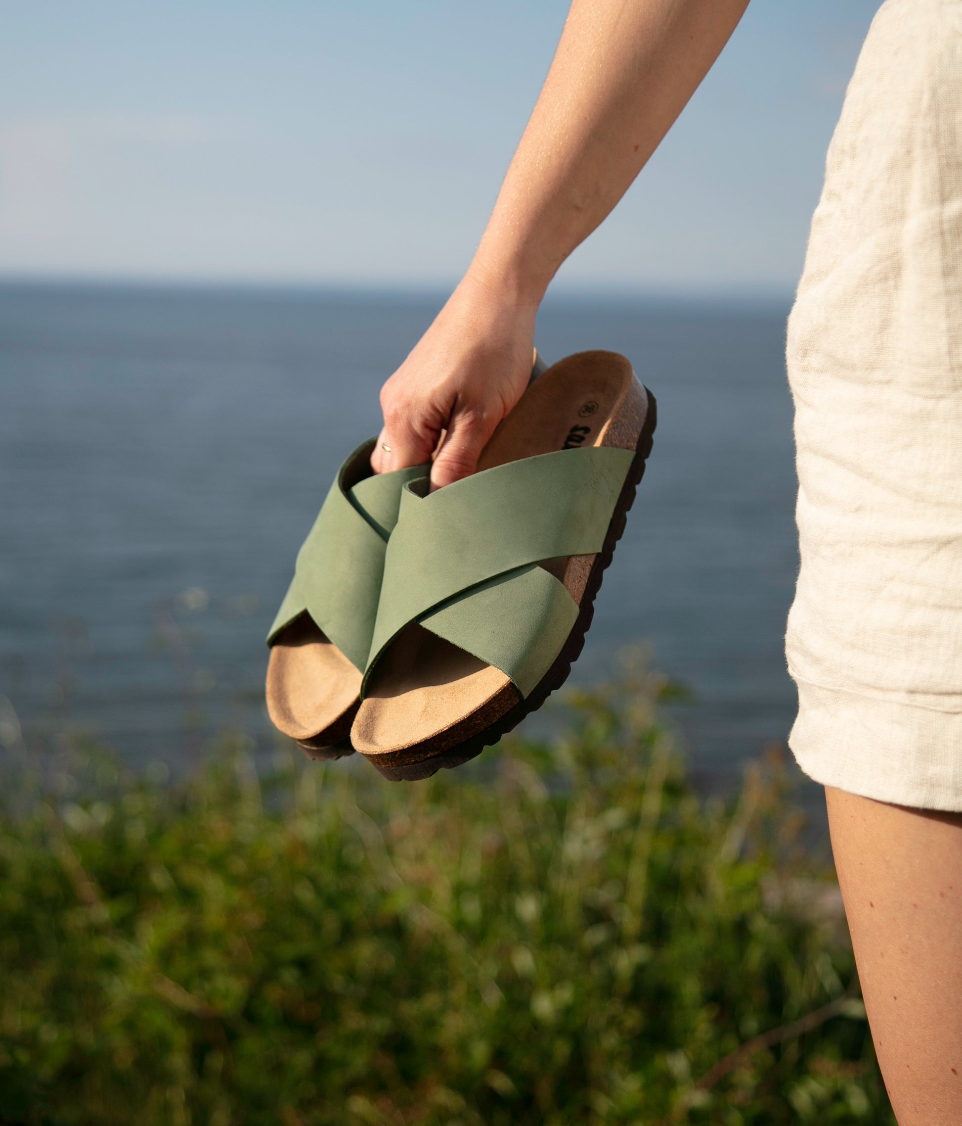 criss cross cork sandal in Jade Green oiled full-grain nubuck leather with a brown EVA outersole and suede footbed