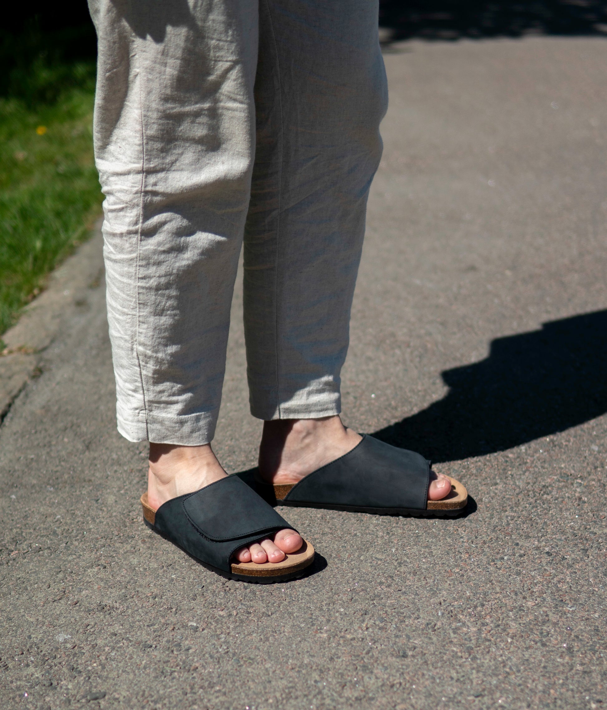 Vigo velcro cork sandals in black nubuck leather, suede footbed and black EVA outersole